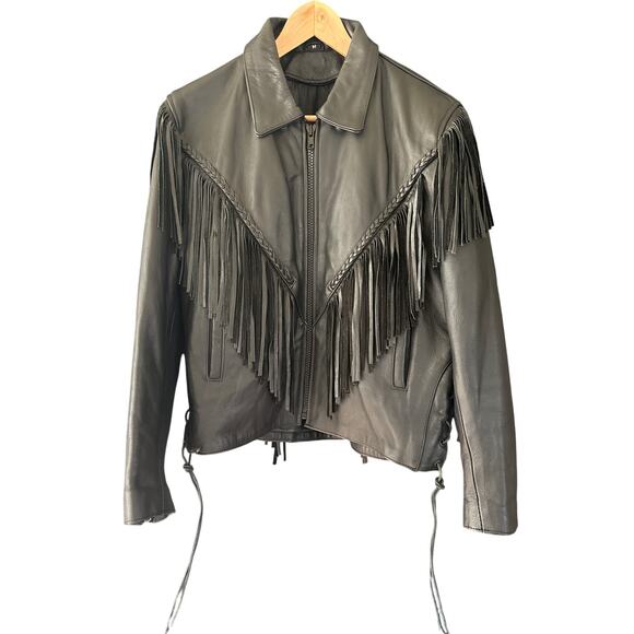 Vintage Black Leather Fringe Jacket | Size Medium | Western Biker Rodeo Boho - Picture 1 of 12